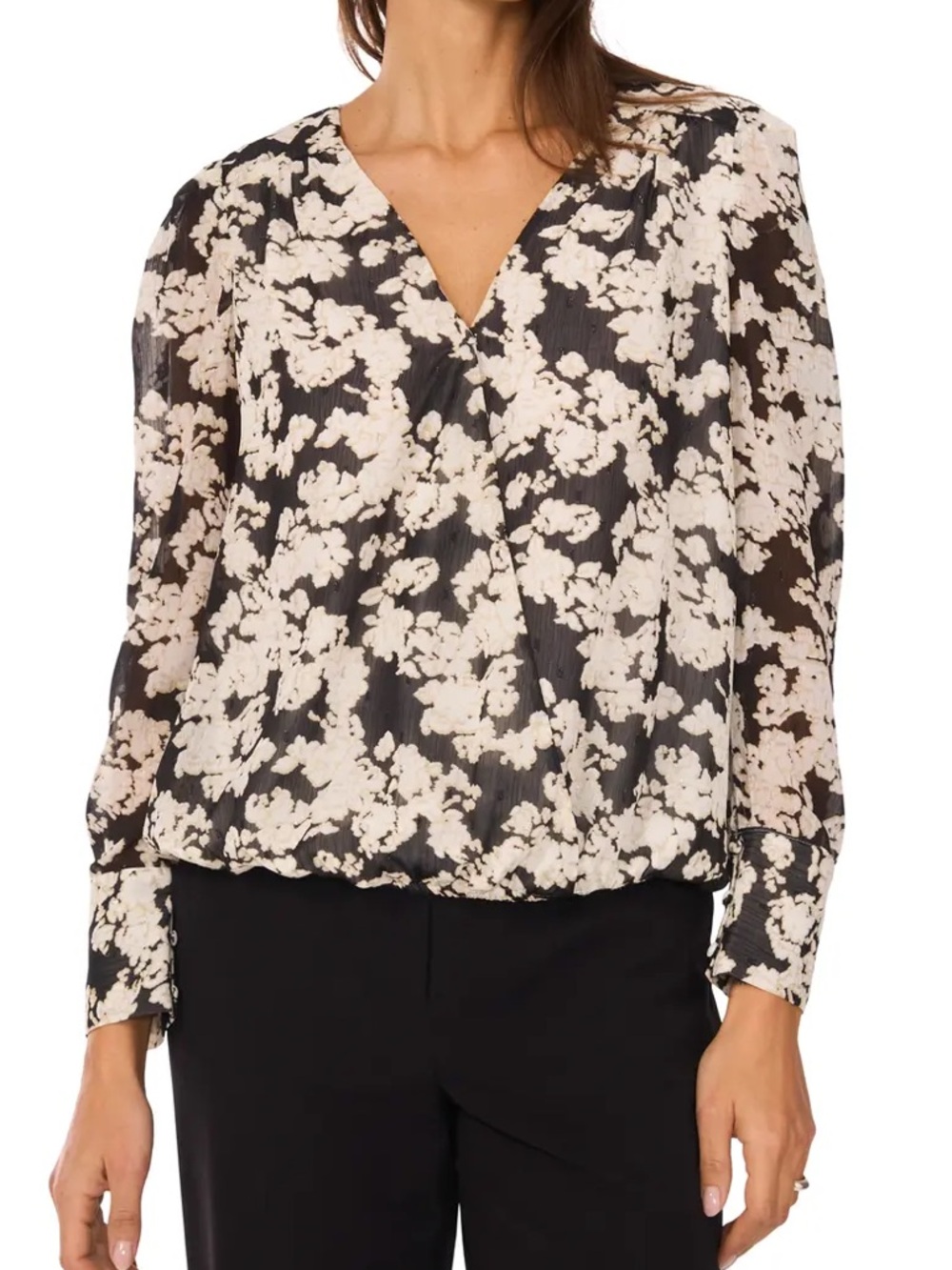 Vince Camuto Black Floral Surplice Blouse with Cream Print